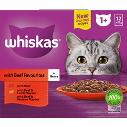 WHISKAS® Adult Wet Cat Food with Beef in Gravy 12 x 85g Pouches image