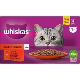 WHISKAS® Wet Cat Food Beef Mixed Favourites In Gravy 18 x 85g Pouches image