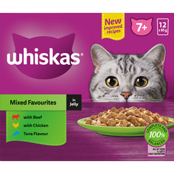 WHISKAS® Senior Wet Cat Food Mixed Favourites in Jelly 12 x 85g Pouches image