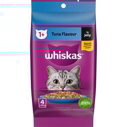 WHISKAS® Wet Cat Food With Tuna Flavour Favourites In Jelly 4 x 85g Pouches image