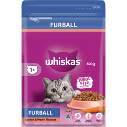 WHISKAS Furball Dry Cat Food Sardine & Prawn Bag 800g image