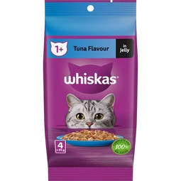 WHISKAS® Wet Cat Food With Tuna Flavour Favourites In Jelly 4 x 85g Pouches image