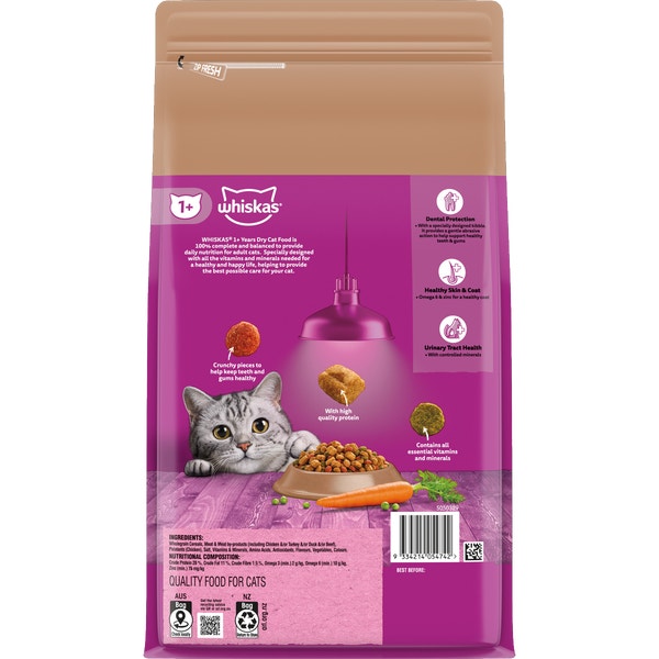 WHISKAS Adult Dry Cat Food Beef & Lamb Bag 1.8kg