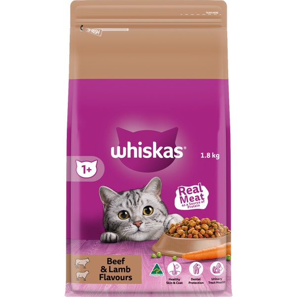 WHISKAS Adult Dry Cat Food Beef & Lamb Bag 1.8kg