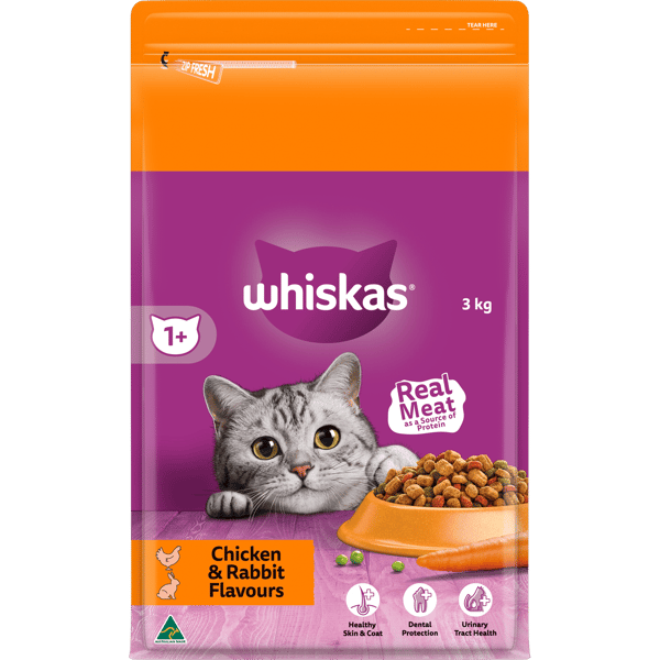 WHISKAS Adult Dry Cat Food Chicken & Rabbit 3kg