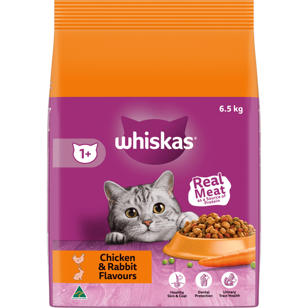 WHISKAS Adult Dry Cat Food Chicken and Rabbit 6.5Kg