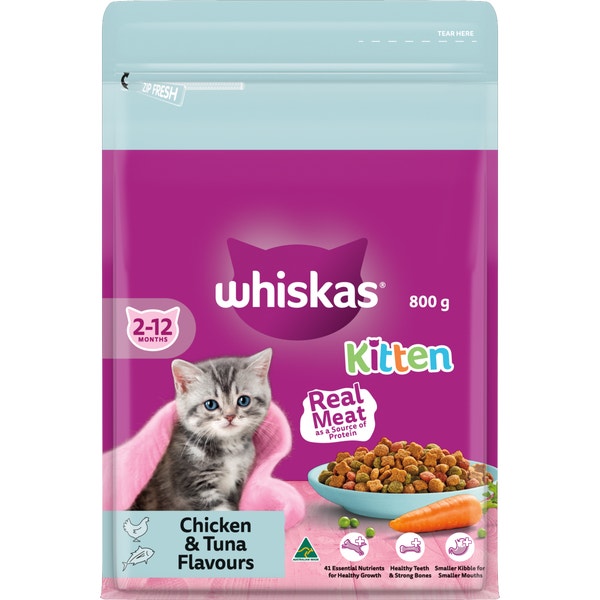 WHISKAS Kitten Dry Cat Food Chicken & Tuna Bag 800g