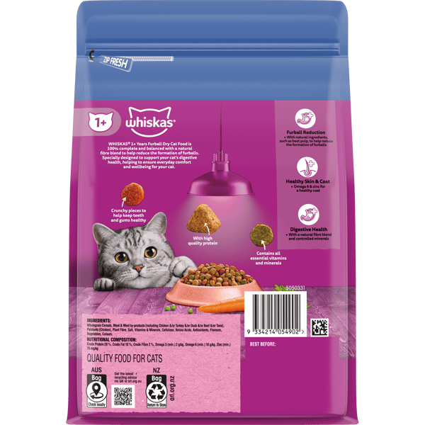 Whiskas NZ All product images_WHISKAS Furball Dry Cat Food Sardine & Prawn Bag 800g