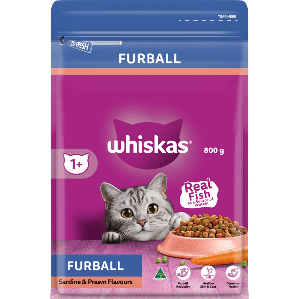 Whiskas NZ All product images_WHISKAS Furball Dry Cat Food Sardine & Prawn Bag 800g