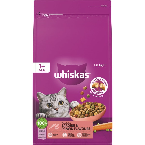 WHISKAS® 1+ Years Adult Dry Cat Food with Sardine & Prawn Flavours Bag 1.8kg 1