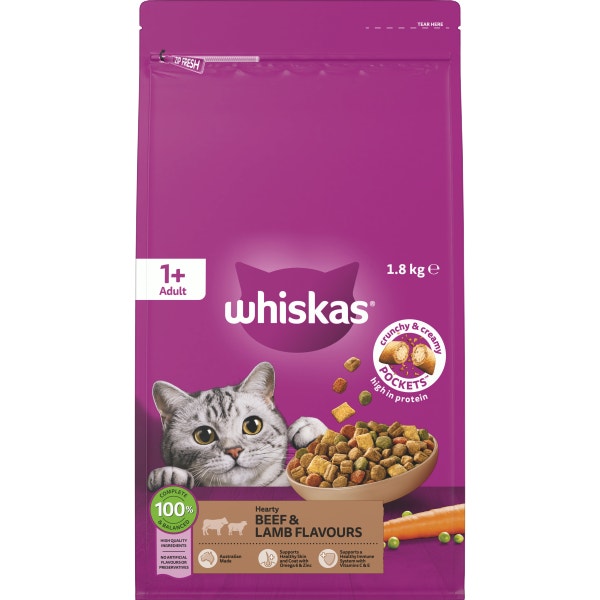 WHISKAS® 1+ Years Adult Dry Cat Food with Beef & Lamb Flavours Bag 1.8kg 1