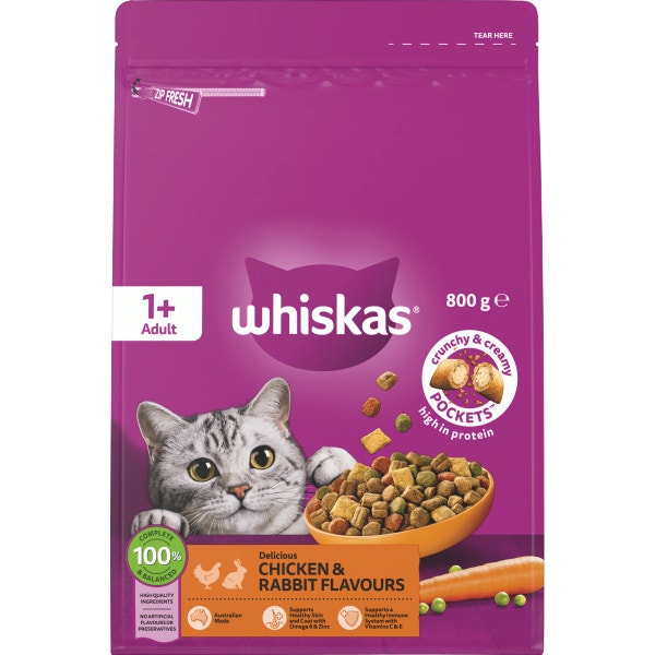 WHISKAS® 1+ Years Adult Dry Cat Food with Chicken & Rabbit Flavours Bag 800g 1