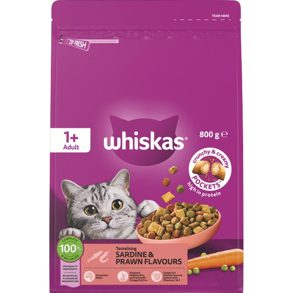 WHISKAS® 1+ Years Adult Dry Cat Food with Sardine & Prawn Flavours Bag 800g 1