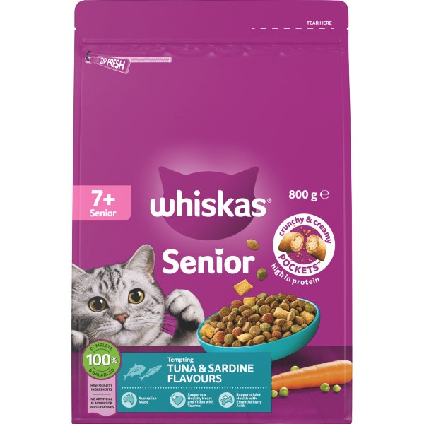 WHISKAS® 7+ Years Adult Dry Cat Food with Tuna & Sardine Flavours Bag 800g 1