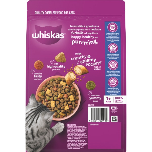 WHISKAS® Furball 1+ Years Adult Dry Cat Food with Sardine & Prawn Flavours 800g 2