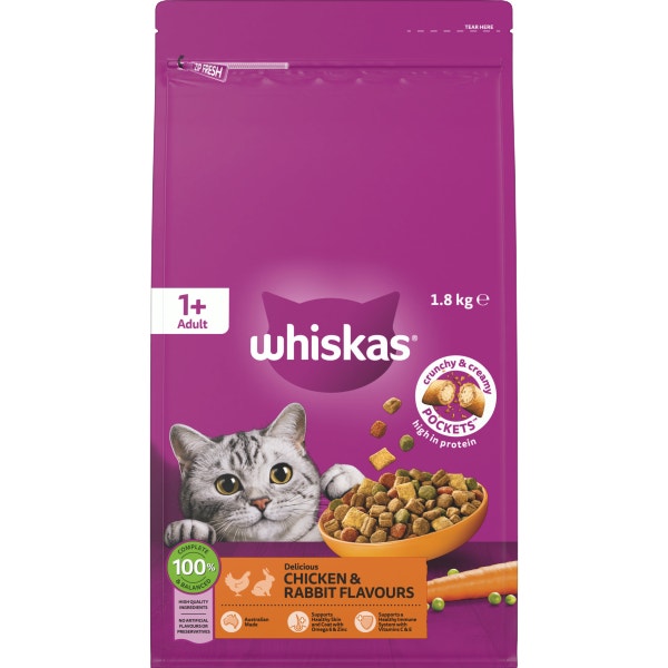 WHISKAS Adult Dry Cat Food Chicken & Rabbit Bag 1.8kg 1