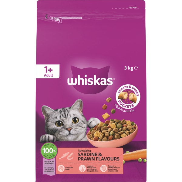 WHISKAS® 1+ Years Adult Dry Cat Food with Sardine & Prawn Flavours Bag 3kg 1