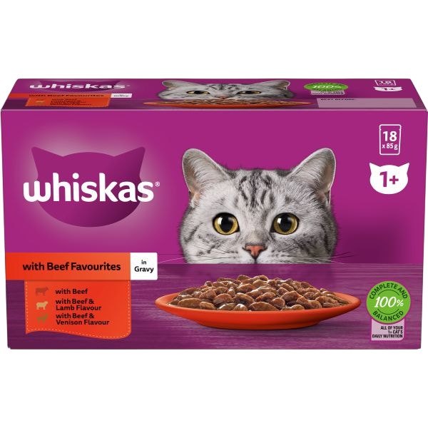 Whiskas beef favourites in gravy 18x85g pouches