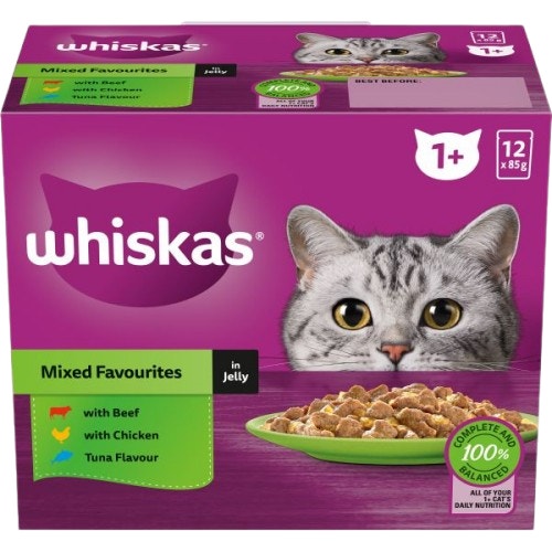 WHISKAS Adult Wet Cat Food Mixed Favourites in Jelly 12 x 85g Pouches