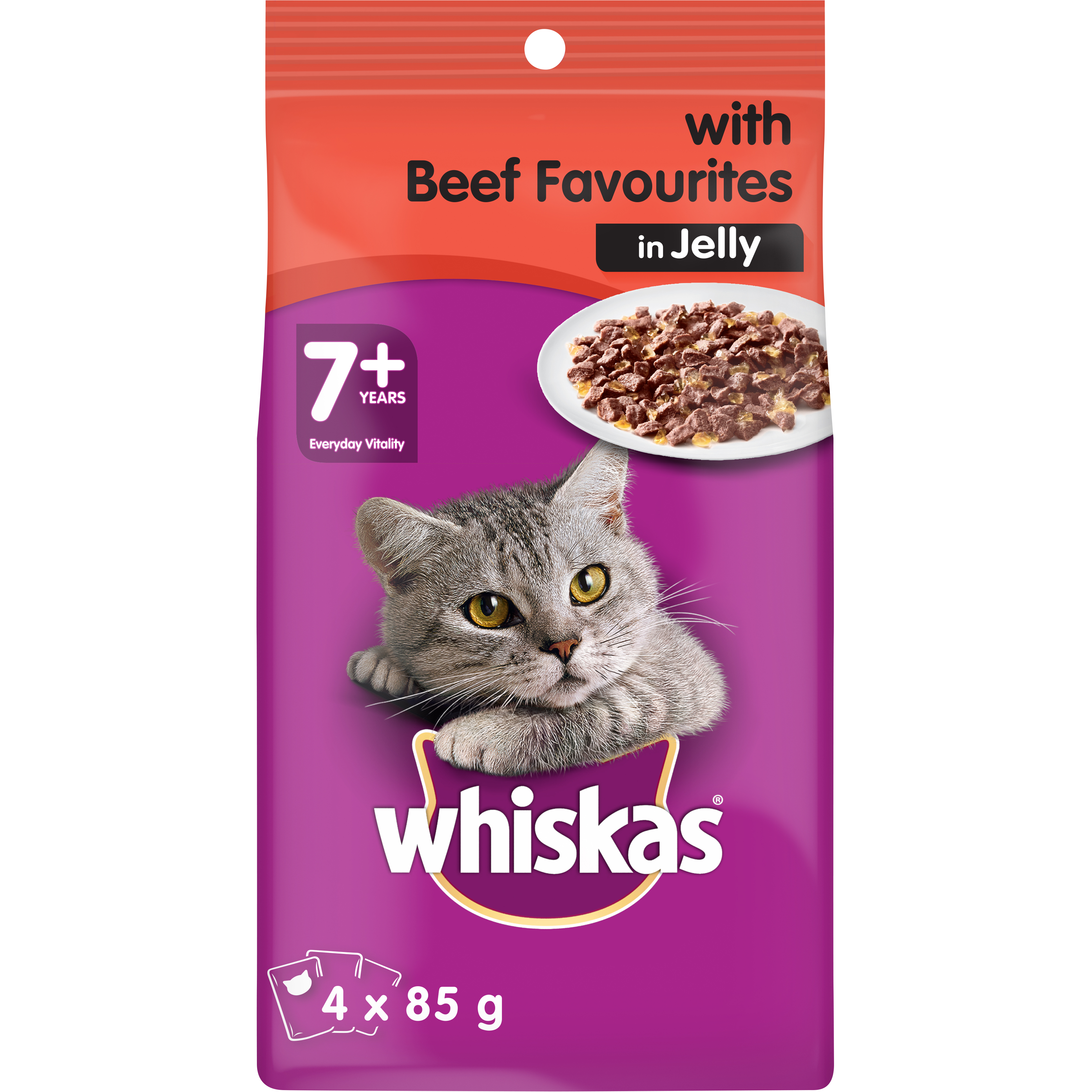 WHISKAS® Senior Wet Cat Food With Beef Favourites In Jelly 4 x 85g Pouches image
