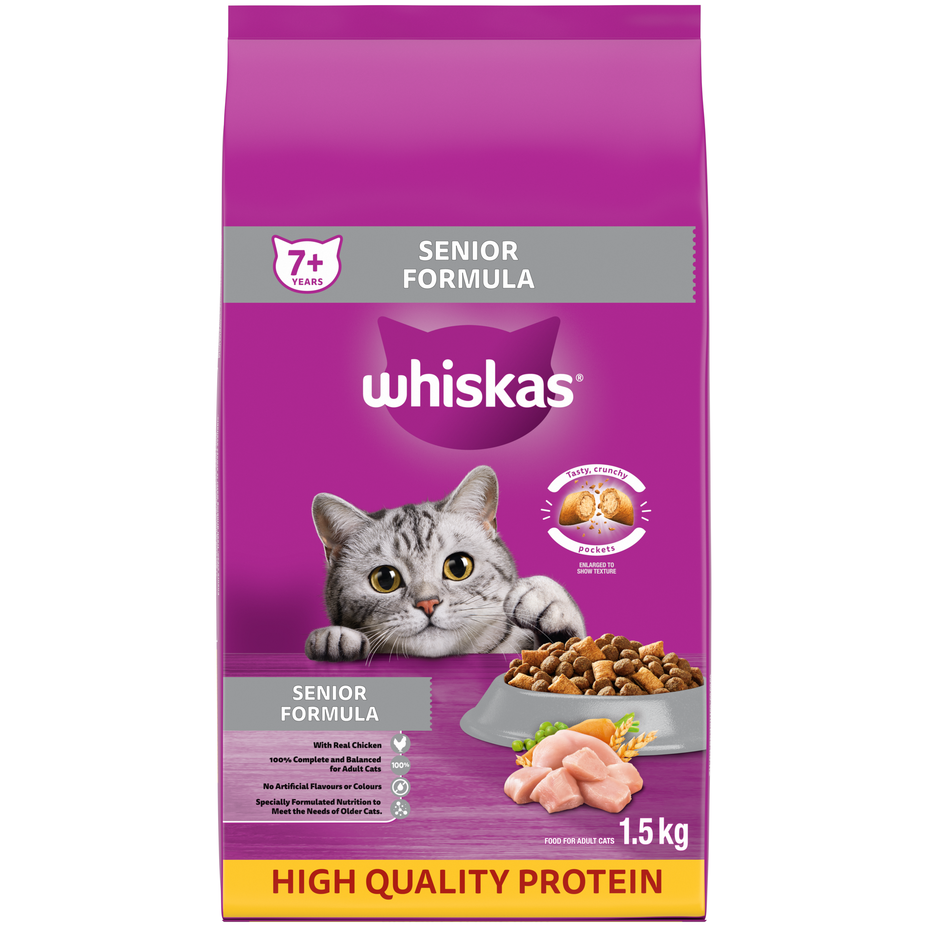 WHISKAS® Senior Dry Cat Food with Chicken 1.5kg Bag image