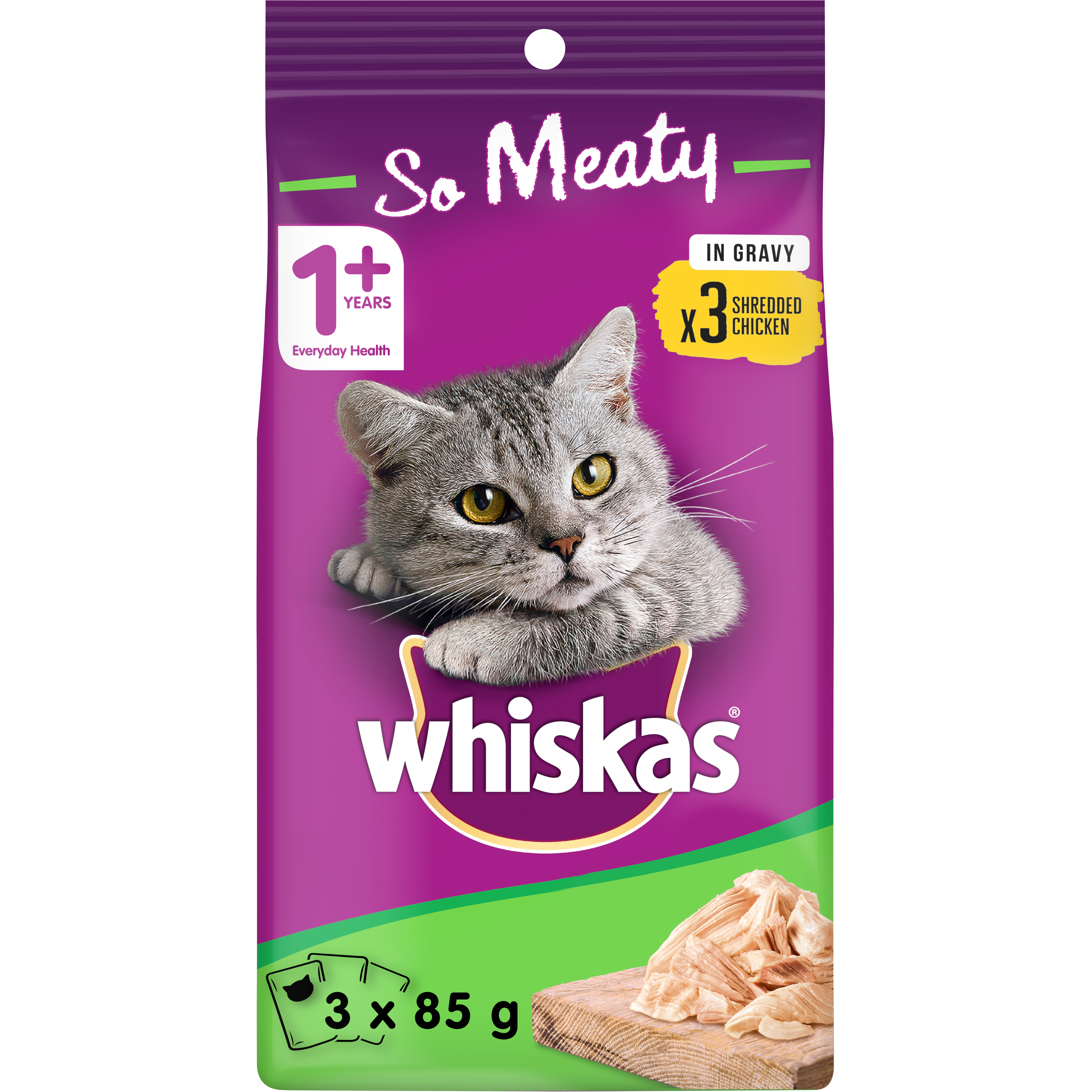 WHISKAS Wet Cat Food Shredded Chicken In Gravy 3 x 85g Pouches
