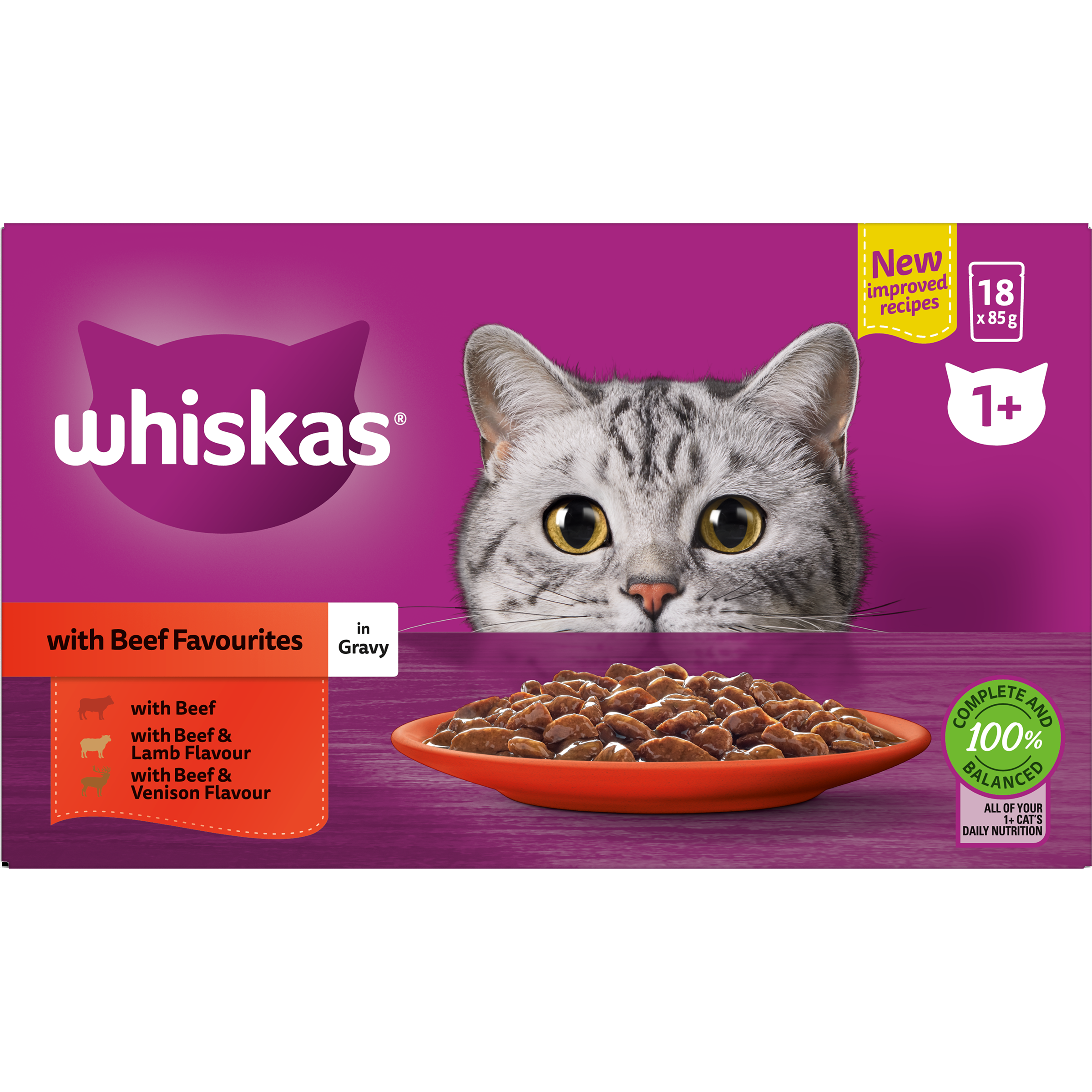 WHISKAS® Wet Cat Food Beef Mixed Favourites In Gravy 18 x 85g Pouches image