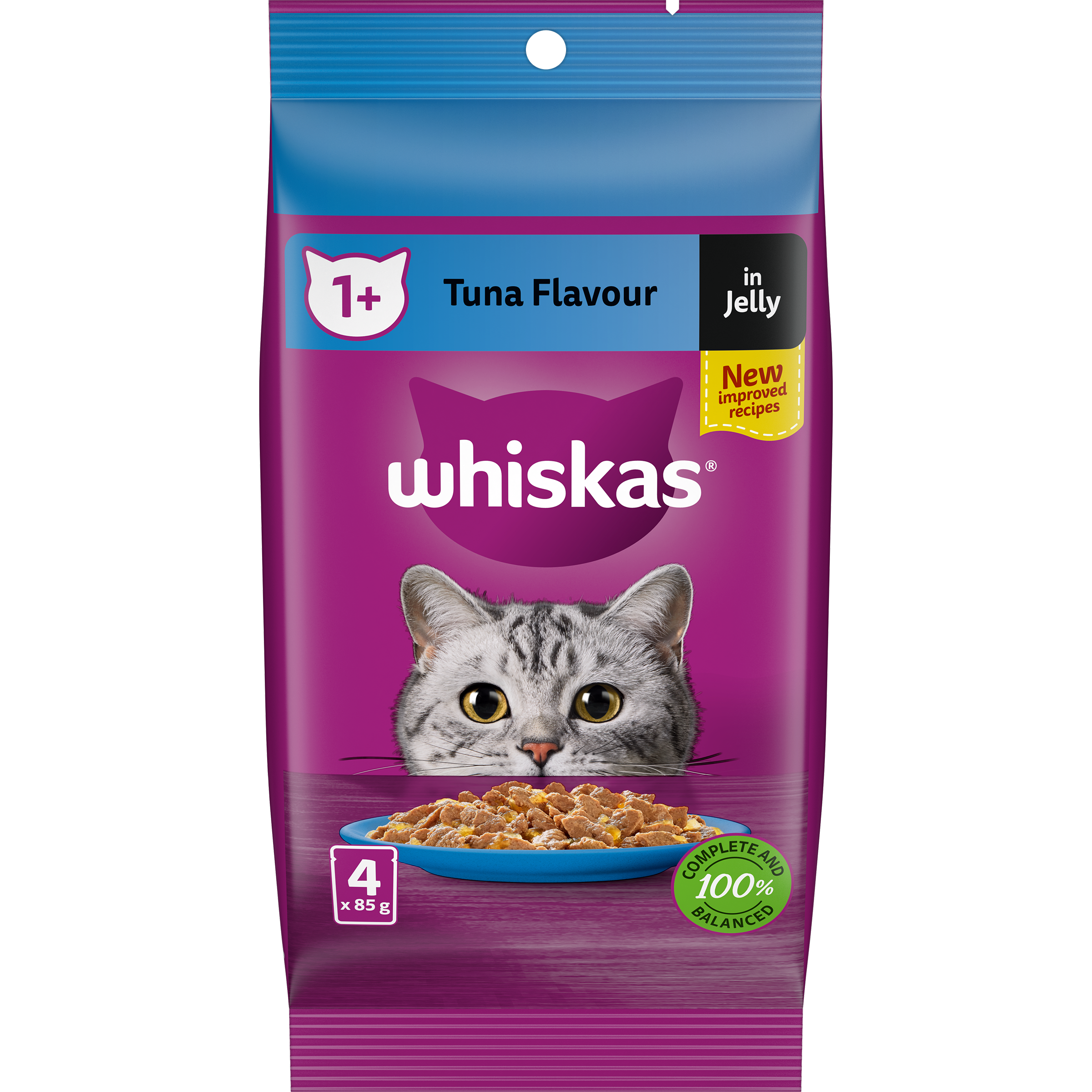 WHISKAS® Wet Cat Food With Tuna Flavour Favourites In Jelly 4 x 85g Pouches image