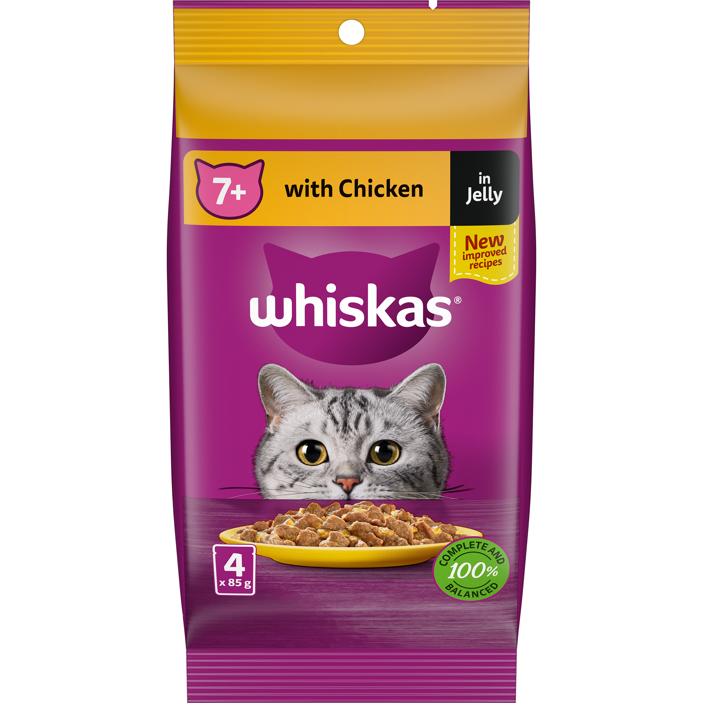 WHISKAS® Senior Wet Cat Food With Chicken Favourites In Jelly 4 x 85g Pouches image