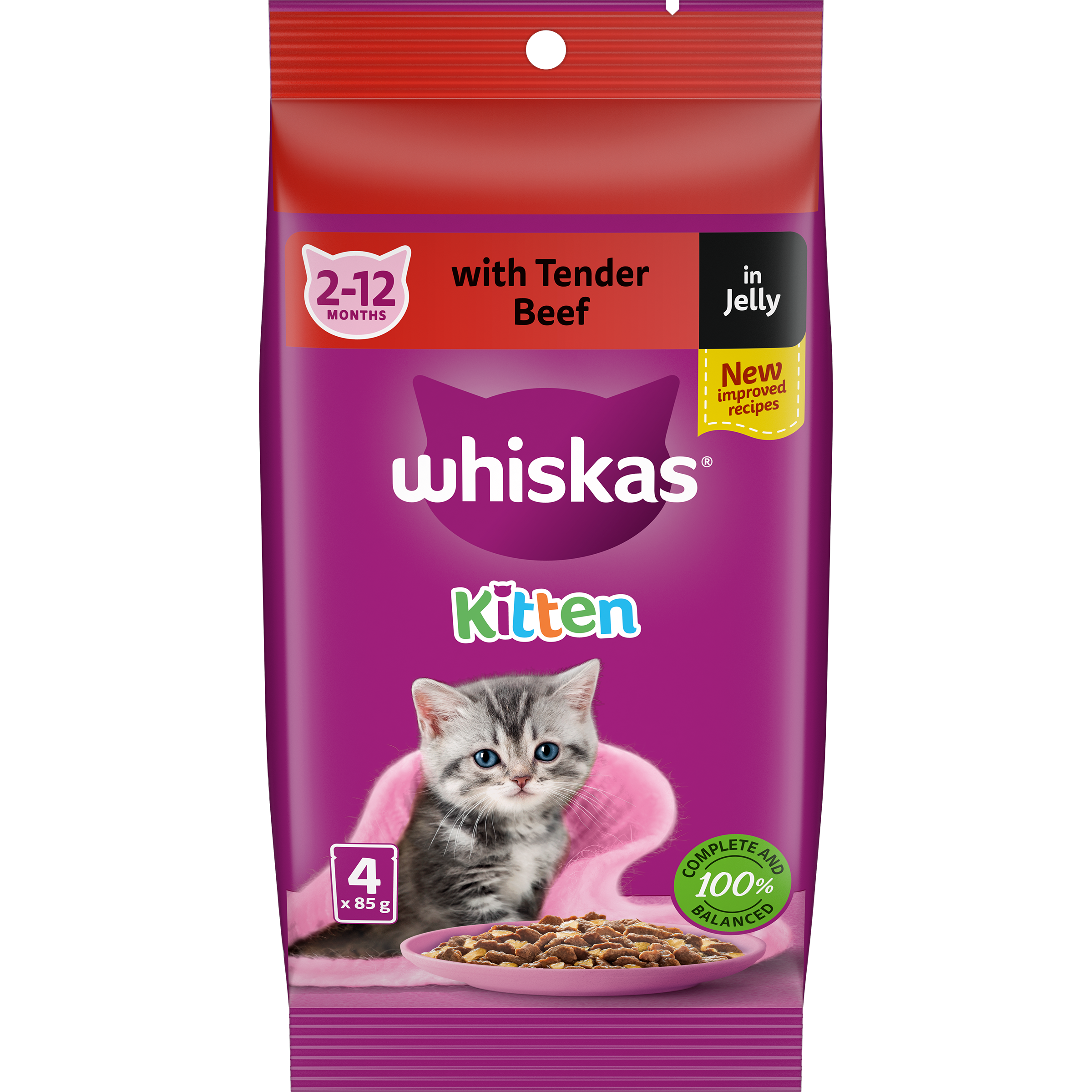 WHISKAS® Kitten Wet Cat Food Tender Beef Favourites In Jelly 4 x 85g Pouches image