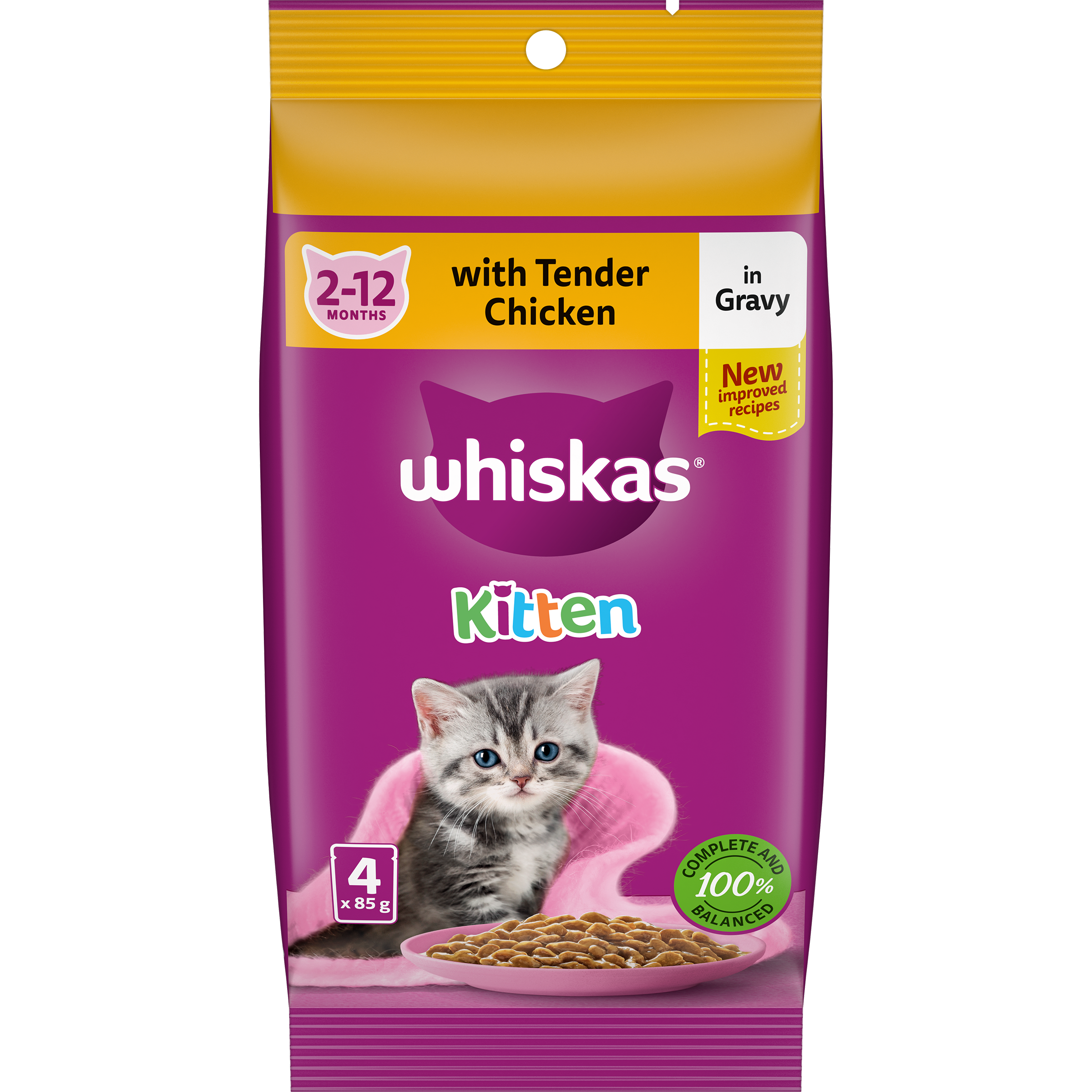 WHISKAS® Kitten Wet Cat Food With Tender Chicken Favourites In Gravy 4 x 85g Pouches image