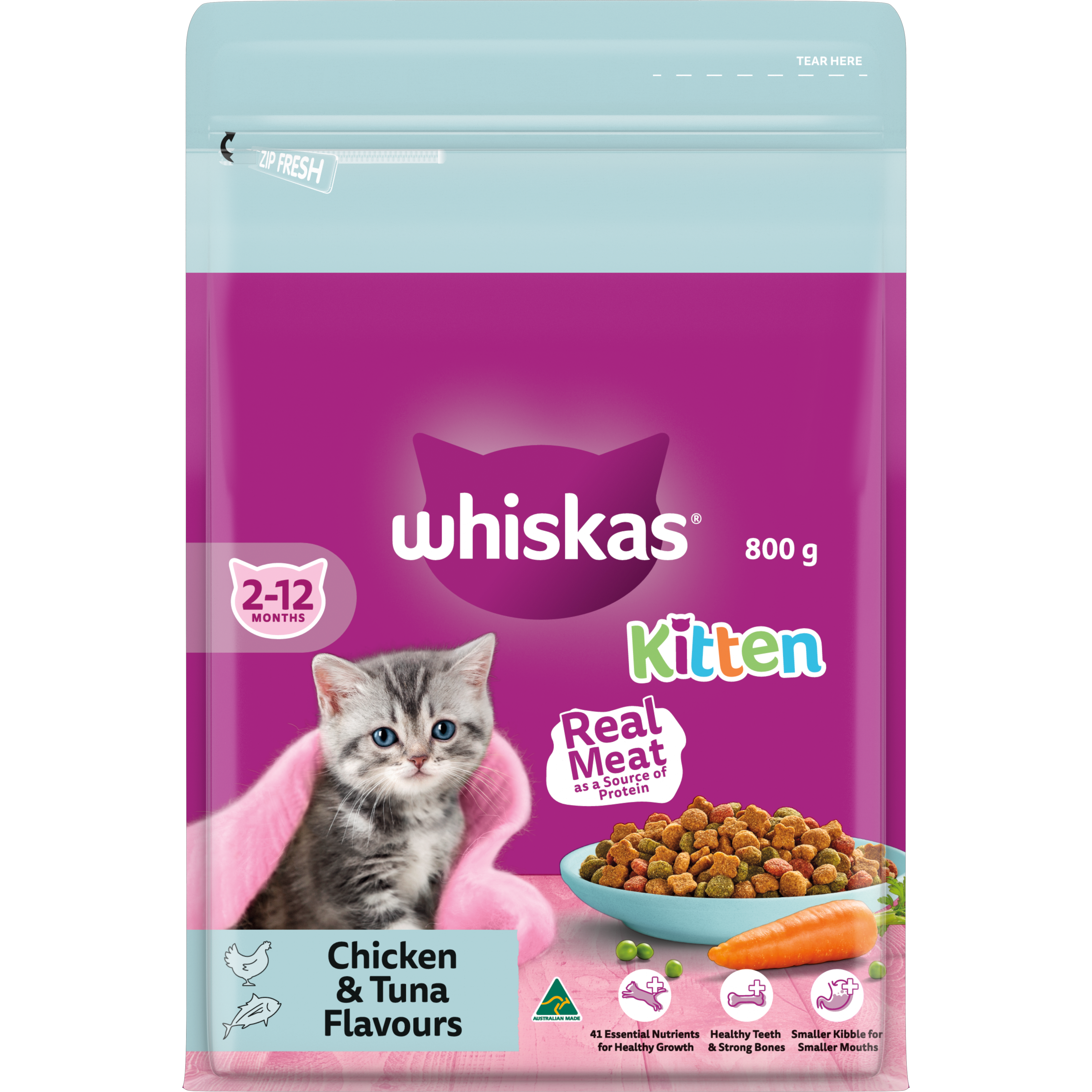 WHISKAS Kitten Dry Cat Food Chicken Tuna Bag 800g